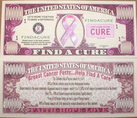 10 billetes de dinero educativos en dólares para recaudar fondos, cinta rosa, concientización sobre el cáncer de mama