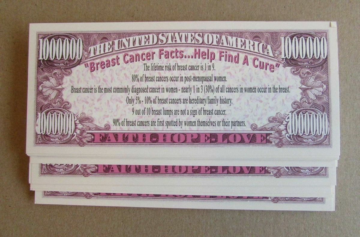 10 Fundraiser Pink Ribbon Breast Cancer Awareness Educational Dollar Money Bills