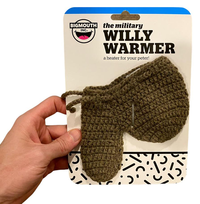 A hand holding a package of the "ARMY MILITARY Willy Warmer Weiner Weener Knitted Sock - Adult GaG Joke Gift" by BigMouth Inc., a crocheted novelty item labeled as "a heater for your peter!", perfect as a gag gift.