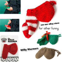 Several knitted "willy warmers" in various colors and styles, including a red and white striped one, are displayed alongside a retail package labeled "Willy Warmer." Perfect as a gag gift from Big Mouth Inc., there's even an ARMY MILITARY Willy Warmer Weiner Weener Knitted Sock - Adult GaG Joke Gift for the brave at heart.