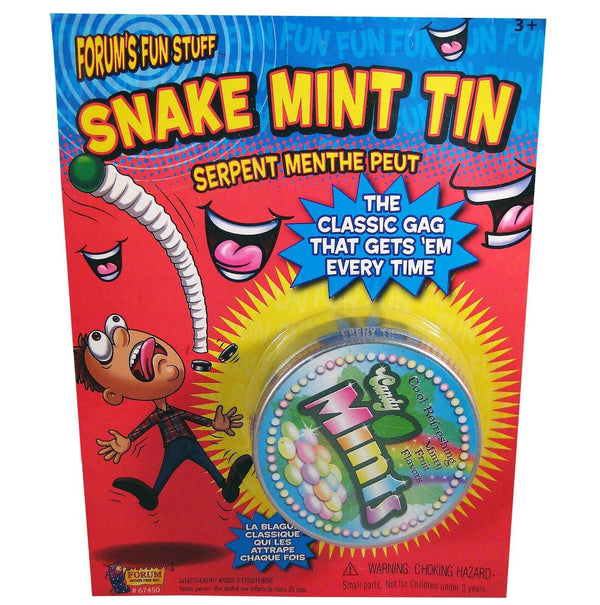 The 🐍 Snake-In-A-Tin Prank features vibrant packaging with a surprised character and a spring-loaded snake in a mint tin, offering endless laughs for prank lovers aged 3 and up.