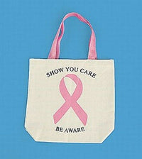 The 12 Pink Ribbon Breast Cancer Awareness Canvas Tote Bags, each with pink handles and a large pink ribbon along with the message "Show You Care, Be Aware" on a light blue background, are perfect for promoting breast cancer awareness at fund-raiser events.