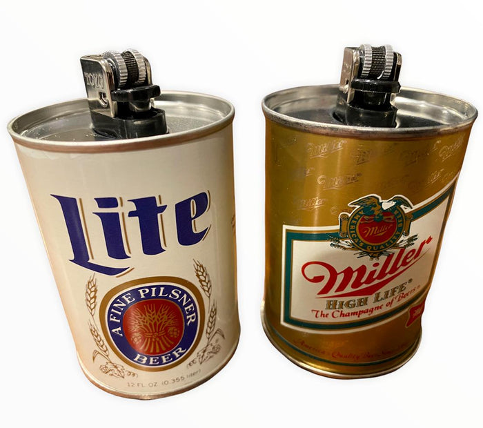 2 Vintage Miller Lite &amp; High Life Beer Tabletop Miniatura Metal Can Lighter Set