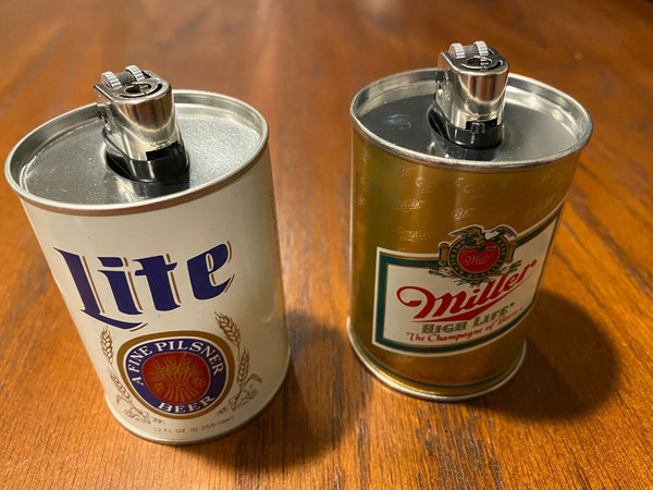 2 Vintage Miller Lite & High Life Beer Tabletop Miniature Metal Can Lighter Set