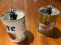 2 Vintage Miller Lite & High Life Beer Tabletop Miniature Metal Can Lighter Set