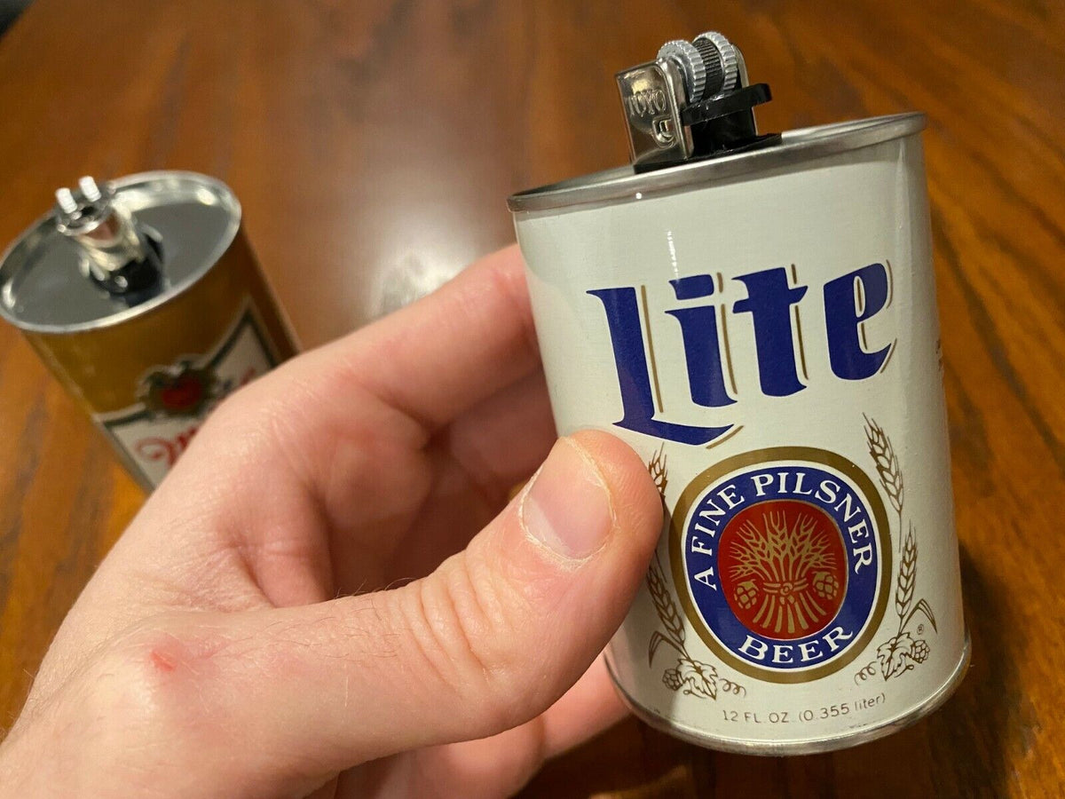 2 Vintage Miller Lite & High Life Beer Tabletop Miniature Metal Can Lighter Set