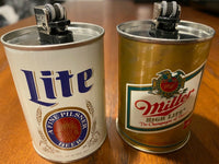 2 Vintage Miller Lite & High Life Beer Tabletop Miniature Metal Can Lighter Set