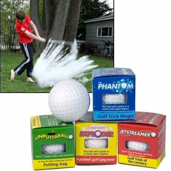 4 Assorted Trick Prank Golf Balls ~ Exploding,Wobble,Mist,Streamer (1 of each)