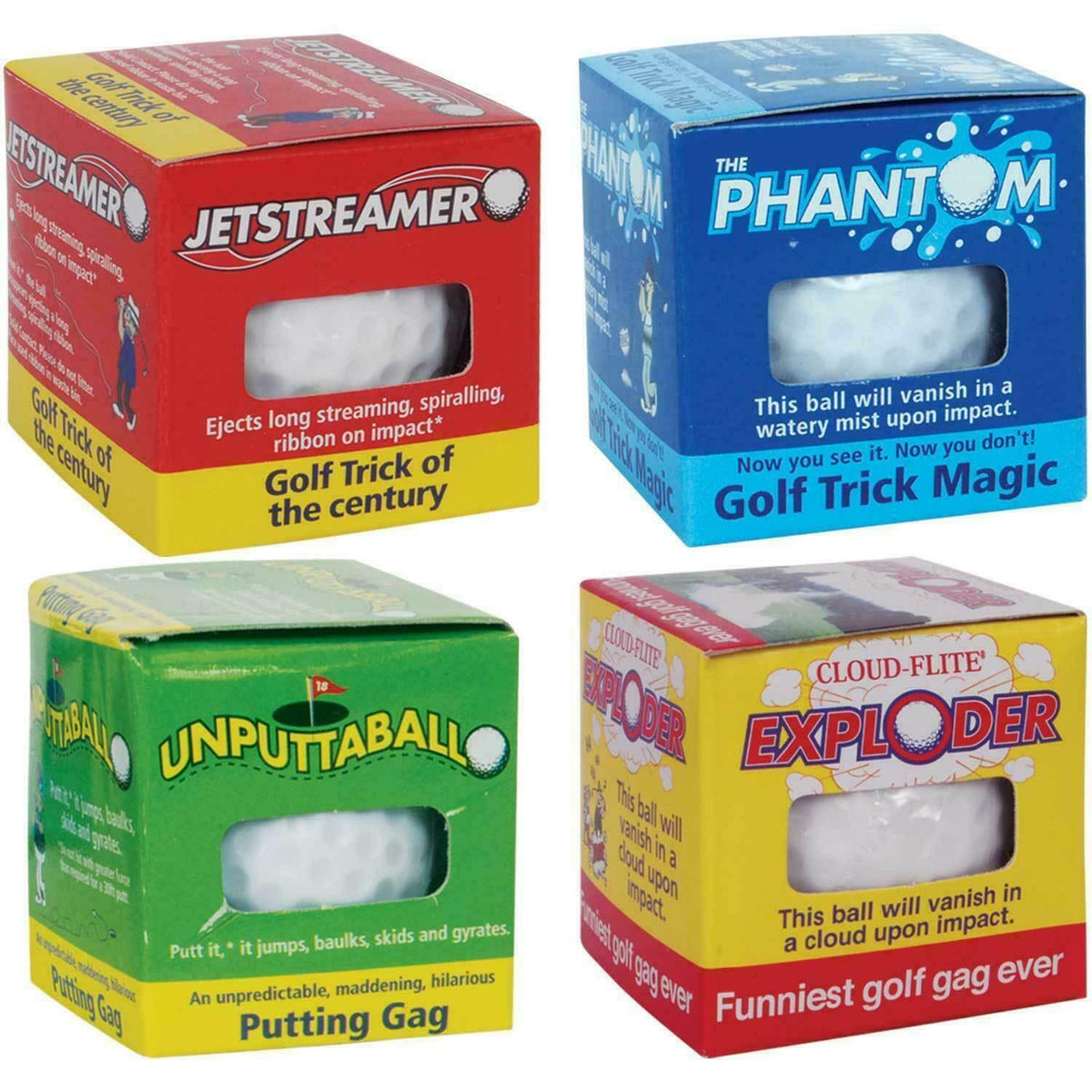 4 Assorted Trick Prank Golf Balls ~ Exploding,Wobble,Mist,Streamer (1 of each)