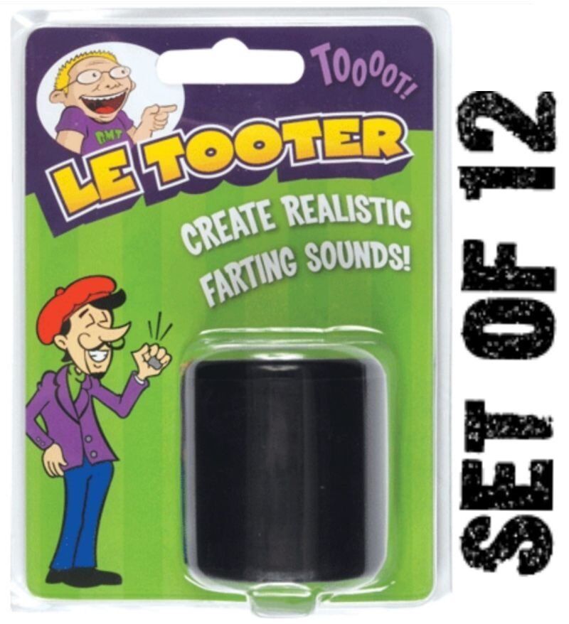 Packaging of "12 Le Tooter Pooters - Party Favor Gag Joke Fart Farting Gifts (1 dozen)," a novelty toy designed to create realistic farting sounds. The package showcases illustrations and features text with the product name and benefits. Labeled on the right side, "1 dozen" ensures you'll have plenty of these artificial flatulence makers on hand for endless fun.