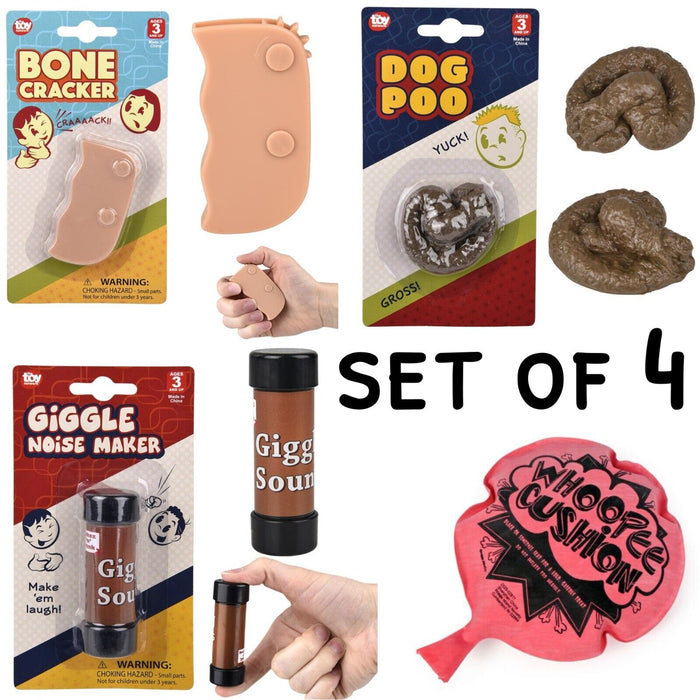 4 cadeaux assortis de blagues de gag – Whoopee, Bone Cracker, Dog Caca, Giggle Noise