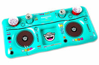 The DJ Table Beverage Float – Party Buffet Bar Beer Food Pool Cooler by BigMouth is the ultimate portable party accessory. Shaped like a DJ console, it features two cup holders, an ice compartment, and a central drink holder, all in a vibrant turquoise color – perfect for an unforgettable pool party decoration.