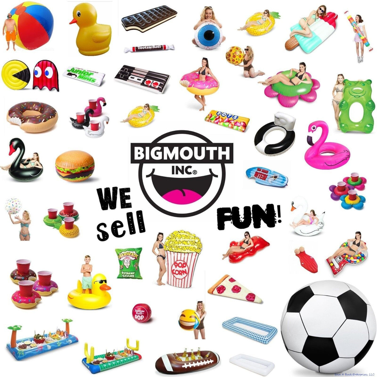 Various colorful inflatable pool floats and toys, including a giant swan, pizza slice, and popcorn, surround the BigMouth Inc. logo with the slogan "We Sell Fun!" Among them is the DJ Table Beverage Float - Party Buffet Bar Beer Food Pool Cooler - a vibrant float that doubles as the ultimate portable party accessory.