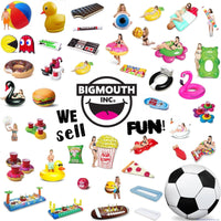 Various colorful inflatable pool floats and toys, including a giant swan, pizza slice, and popcorn, surround the BigMouth Inc. logo with the slogan "We Sell Fun!" Among them is the DJ Table Beverage Float - Party Buffet Bar Beer Food Pool Cooler - a vibrant float that doubles as the ultimate portable party accessory.