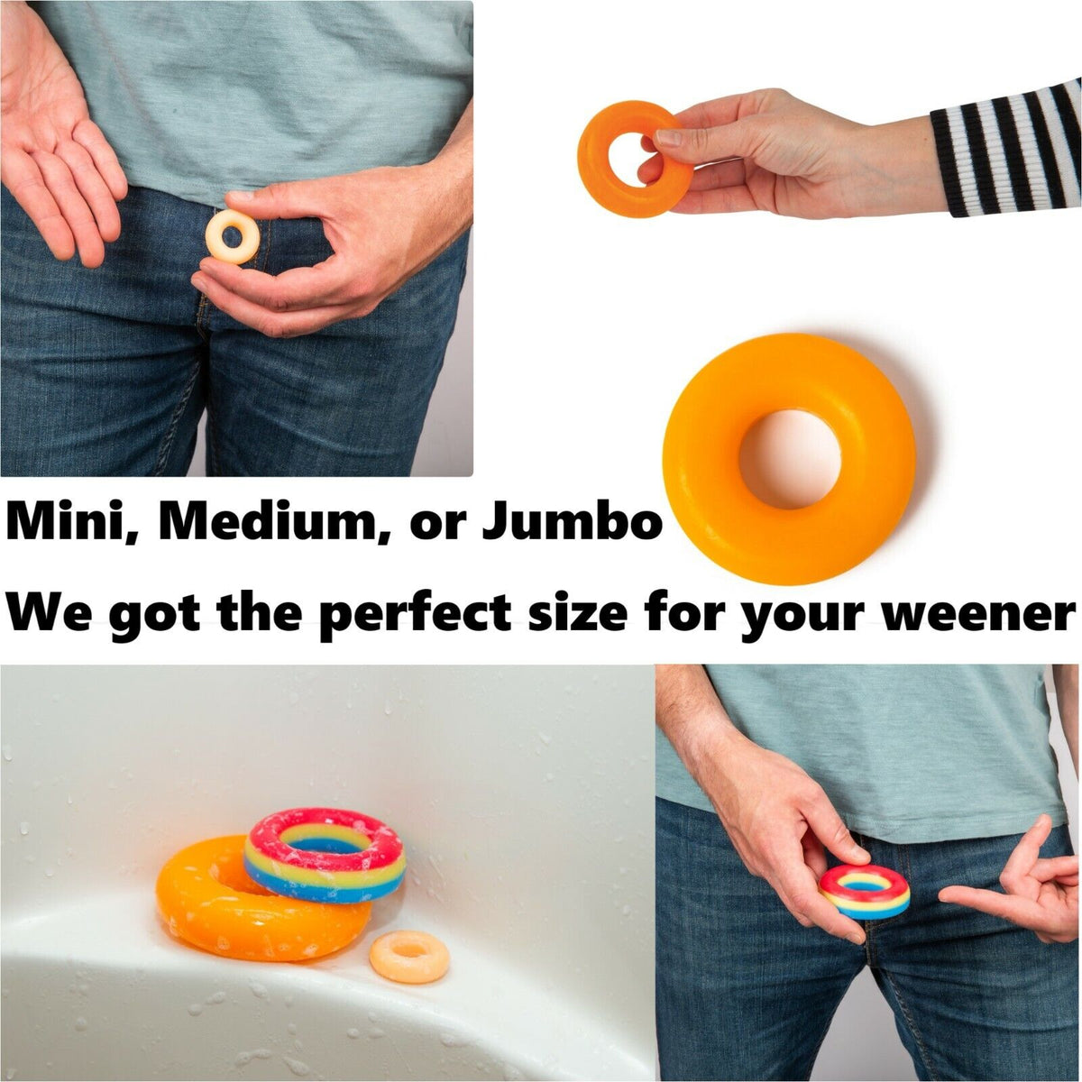 A person holding three different sizes of toy rings. Text reads: "Mini, Medium, or Jumbo. We got the perfect size for your MINI MICRO ITTY-BITTY Willy Weener Soap - Funny GaG Prank Joke - BigMouth." Perfect gag gift for personal hygiene!