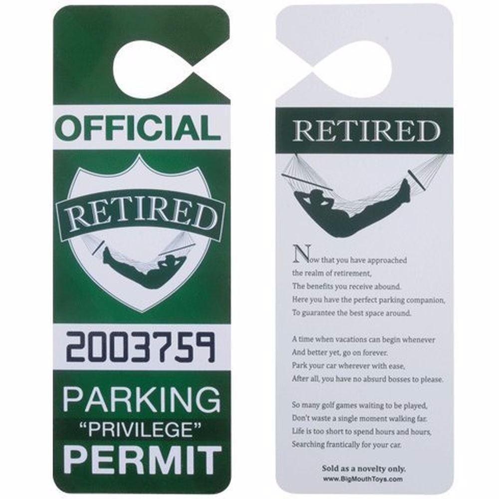 Two green and white door hangers titled "RETIRED Auto Car Parking Permit 'Retirement Over The Hill' GaG Prank - BigMouth," featuring a hammock graphic. These hangers are perfect as an Over The Hill gag gift, with the back detailing the benefits of retirement.