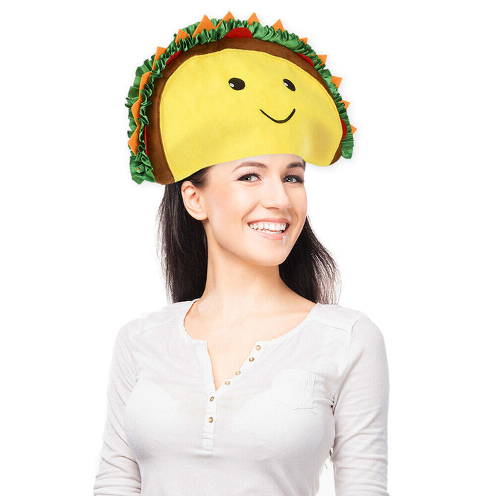 A smiling woman wearing the TACO HAT - Sombrero Headband Cap Food-Prop-Smiley-Halloween Funny Party Costume, often seen at food trucks, stands in front of a plain white background while dressed in a white long-sleeve shirt.