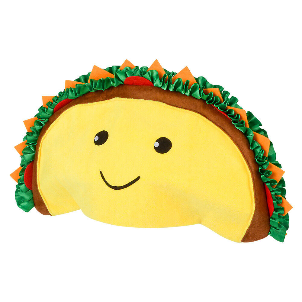 Introducing the TACO HAT - Sombrero Headband Cap Food-Prop-Smiley-Halloween Funny Party Costume: a plush headband shaped like a taco with a smiling face, featuring green ruffles that resemble lettuce and orange accents that look like cheese on top—ideal for fans of taco hats or food trucks.