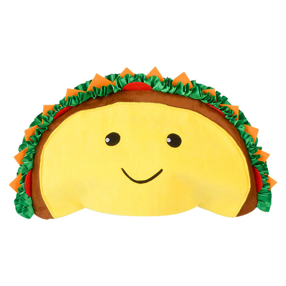 A whimsical taco-shaped headband called the TACO HAT, designed as a sombrero and featuring a smiling face with green, orange, and brown fabric details that mimic lettuce, cheese, and meat—ideal for food truck enthusiasts.