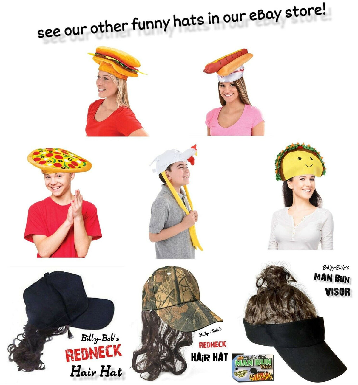 Image showing four people wearing novelty hats shaped like a hot dog, hamburger, pizza, and a TACO HAT - Sombrero Headband Cap Food-Prop-Smiley-Halloween Funny Party Costume. Below them are hats designed to look like a mullet, camo cap with hair, and a visor with a man bun. This quirky scene looks straight out of one of those funny viral videos often seen at food trucks.