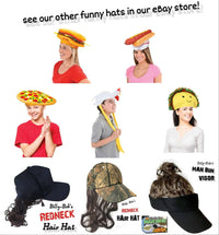 Image showing four people wearing novelty hats shaped like a hot dog, hamburger, pizza, and a TACO HAT - Sombrero Headband Cap Food-Prop-Smiley-Halloween Funny Party Costume. Below them are hats designed to look like a mullet, camo cap with hair, and a visor with a man bun. This quirky scene looks straight out of one of those funny viral videos often seen at food trucks.