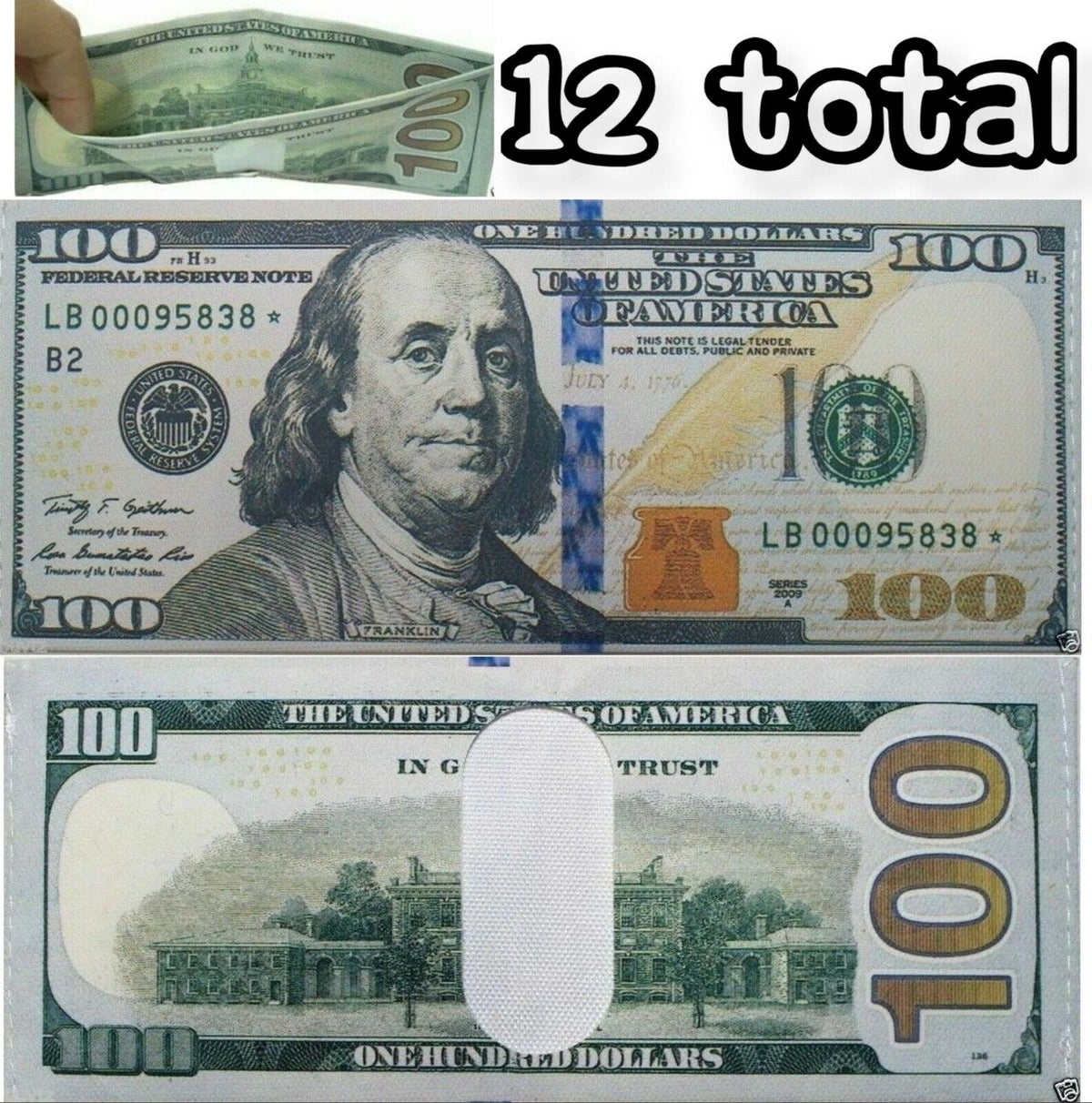 Image of a 100 dollar bill shown from the front and back with a set of 12 wallets alongside the text "12 total" at the top right, perfect for summer gifts or adding to your collection of 12 Pack - 100 Hundred Dollar Bill Wallets Money Bi-Fold Card Holder.