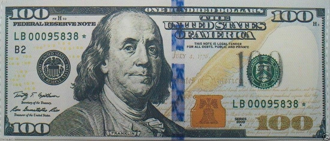 A set of 12 bi-fold card holder wallets designed to resemble $100 U.S. bills featuring Benjamin Franklin's portrait, perfect for summer gifts. These wallets are made from canvas material and include intricate details such as security features, inscriptions like "The United States of America," various serial numbers, and signatures, making them ideal for anyone who appreciates novelty items.