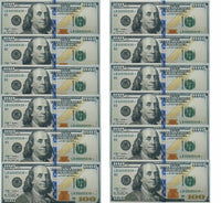 Image depicting ten 100 US dollar bills arranged in two vertical columns, each showcasing a portrait of Benjamin Franklin and the intricate design elements of the modern 100 dollar note. This creative arrangement could inspire designs for the "12 Pack - 100 Hundred Dollar Bill Wallets Money Bi-Fold Card Holder," making distinctive summer gifts.