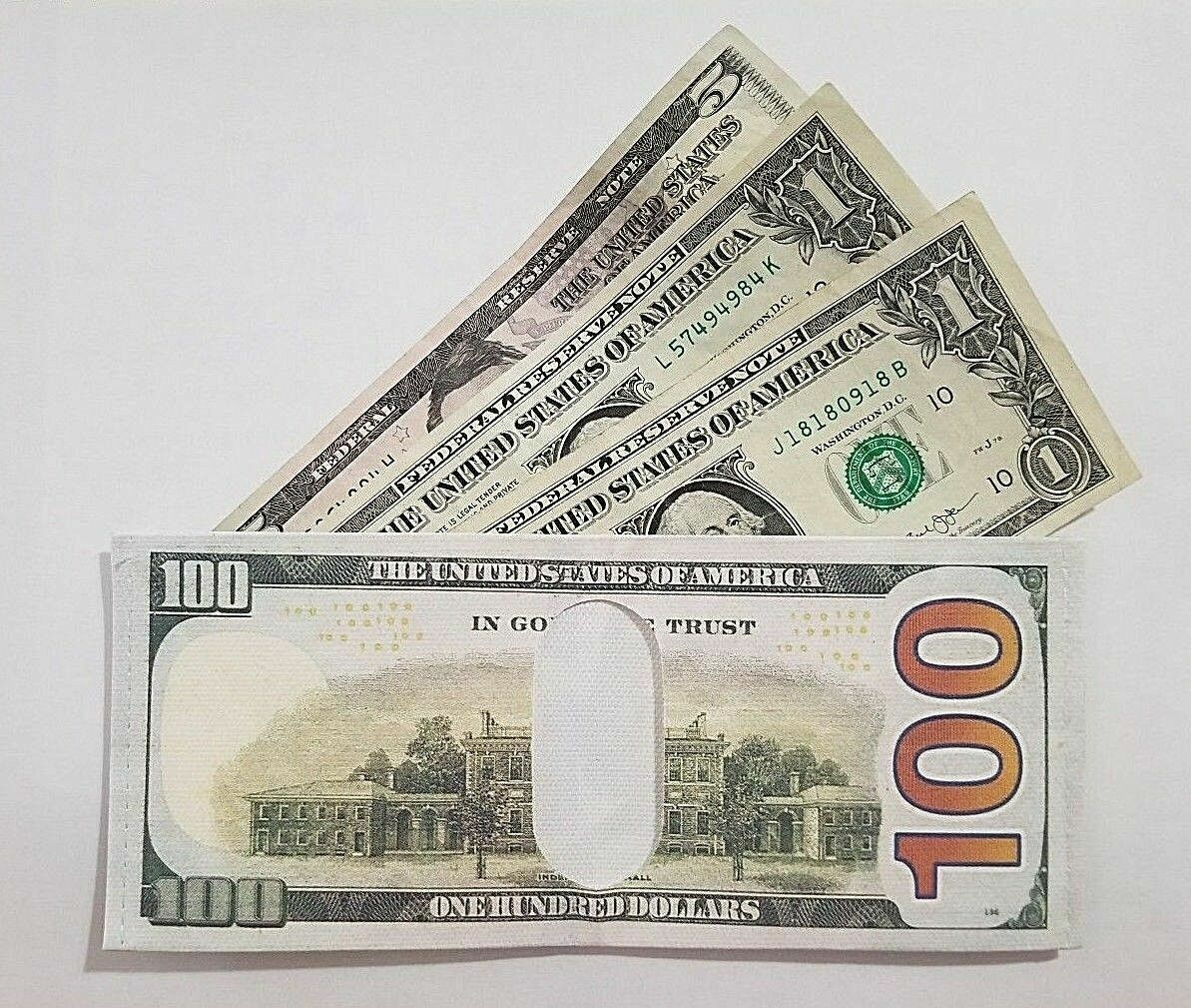 Five US dollar bills fanned out, featuring three one-dollar bills, one two-dollar bill, and one hundred-dollar bill with an oval cutout in the center—ideal for slipping into the 12 Pack - 100 Hundred Dollar Bill Wallets Money Bi-Fold Card Holder or giving as unique summer gifts.