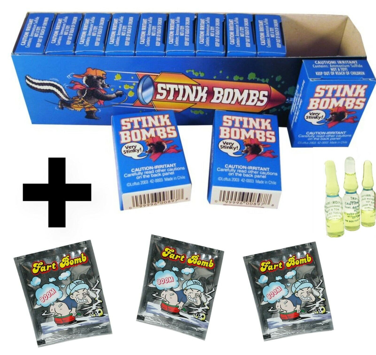 1 Case of 36 Glass Stink Bombs + 3 Fart Bomb Bags ~ Combo Set