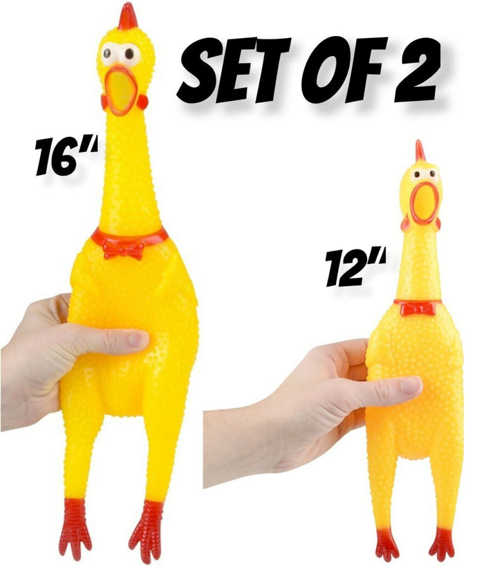 Two rubber chickens held by hands, one measuring 16 inches and the other 12 inches. Perfect as a fun dog toy, these classic toys come in a convenient "COMBO SET of 2 - RUBBER CHICKENS - SQUEAK Sound Squeeze Screaming Dog Child Toy" displayed at the top.