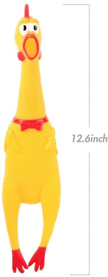 This combo set of 2 rubber chickens, each measuring 12.6 inches and adorned with a red comb, wattle, and bow tie, makes for a perfect squeak sound toy for dogs or for enjoying some nostalgic fun.