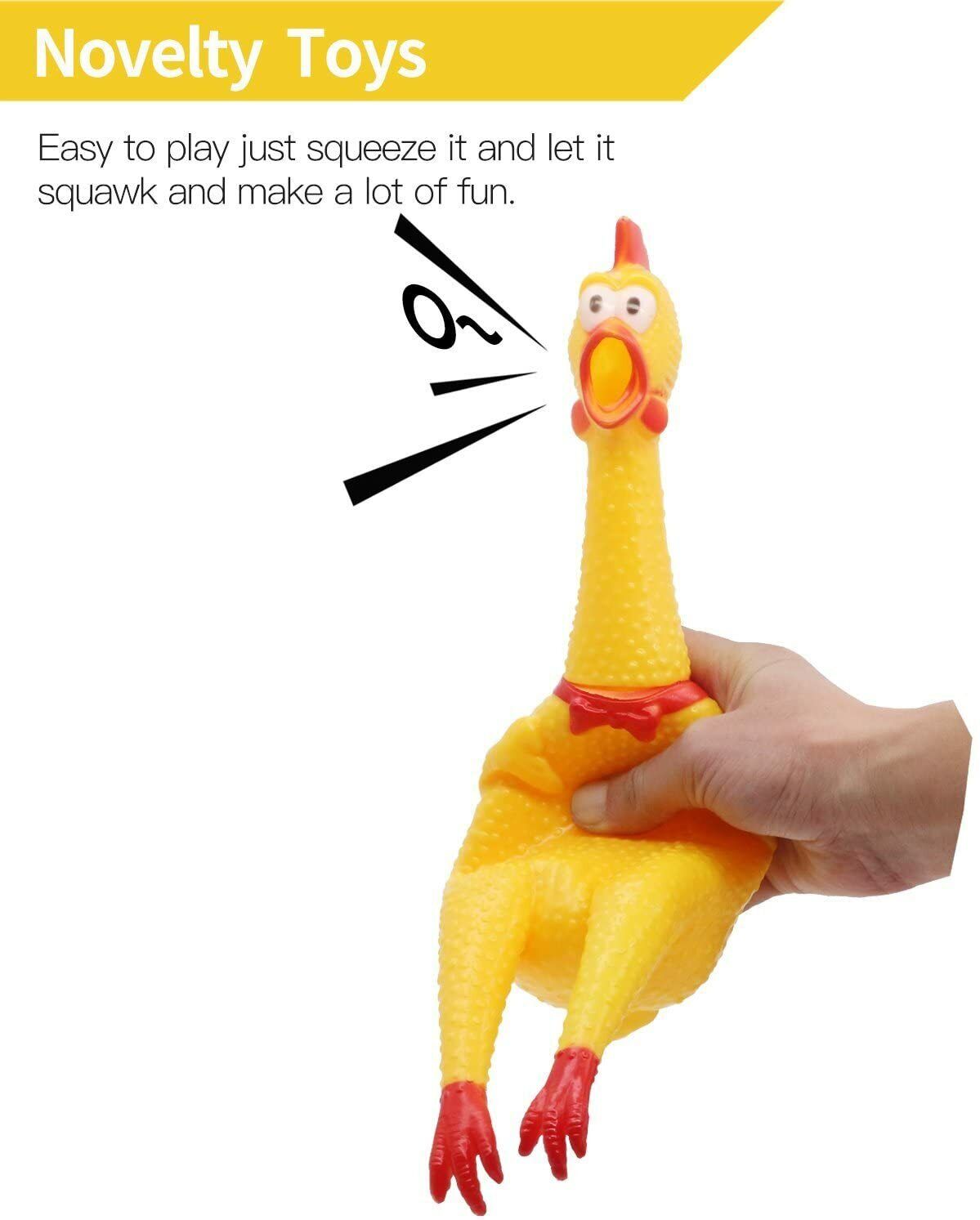 A hand squeezes a yellow rubber chicken toy, causing it to squawk. The caption reads: "COMBO SET of 2 - RUBBER CHICKENS - SQUEAK Sound Squeeze Screaming Dog Child Toy. Easy to play—just squeeze and let it squawk, making loads of fun!