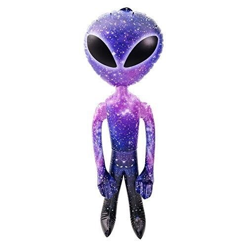 The 63" Galaxy Space Alien Inflate - a 5-foot inflatable prop designed with a galaxy-themed pattern, large black eyes, and elongated limbs. Perfect for party decorations or as a hilarious gag gift, it stands upright against a white background.