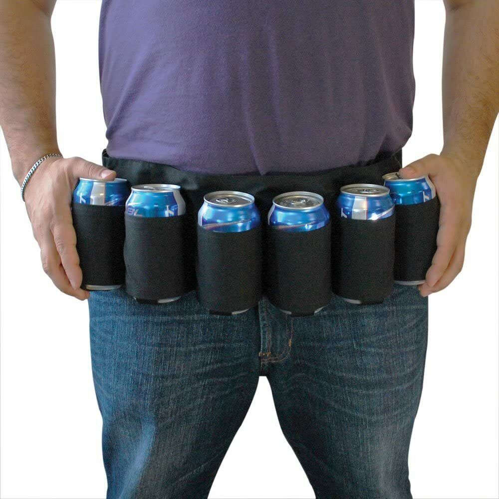 A person wearing the Redneck 6 Pack Beer & Soda Can Holster Belt - BLACK with six cans of beverage in insulated holders—an ideal gift for a husband who enjoys convenience.