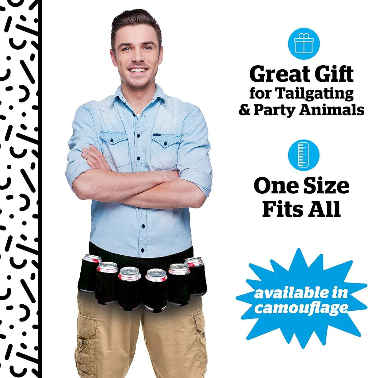 A man wearing a denim shirt and cargo shorts smiles while demonstrating the Redneck 6 Pack Beer & Soda Can Holster Belt in black, filled with several cans. Text reads "Great Gift for Tailgating & Party Animals" and "One Size Fits All." This beer belt is the perfect gift for your husband.