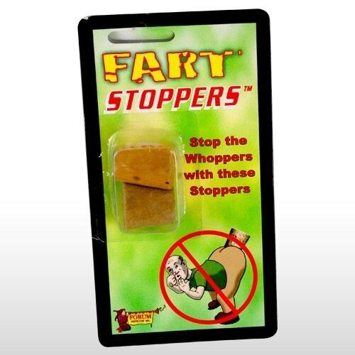 Packaging for "Fart Stoppers - Cork Butt Hole Ass Crack Stink Plugs," a novelty product claiming to prevent flatulence. The package features a cartoon illustration and the slogan "Stop the Whoppers with these Stoppers." Perfect as a gag gift or for effective gas leakage prevention.