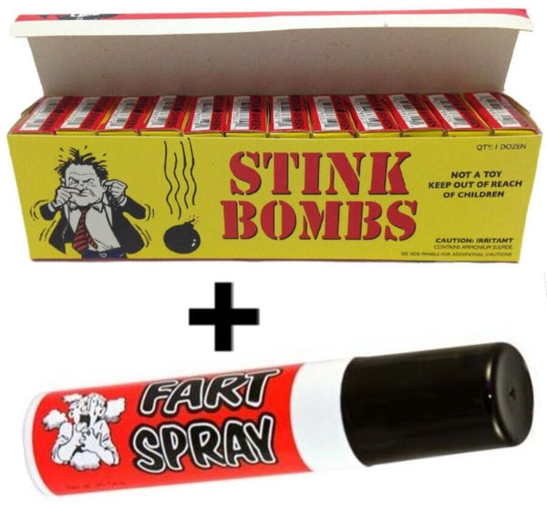 The "36 Liquid Stink Bombs ~ Butt Crack Ass Smell + 1 Fart Spray COMBO SET Gag Joke" features a box of liquid stink bombs and a fart spray canister, ideal for memorable pranks.