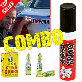 1 Box of 3 Stink Bombs + 1 Fart Spray Can + 1 "I love Porn Magnet" Prank Car Magnet