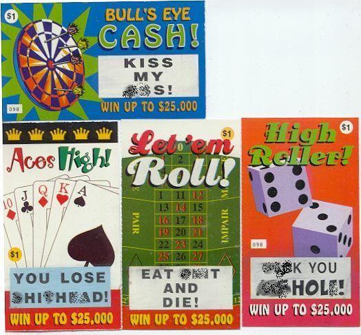 A set of 10 Adult Potty Mouth Rude Curse Fake Lotto Lottery Tickets, featuring colorful designs and offensive text, each offering a chance to "win" up to $25,000.