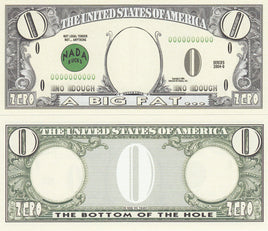 1000 - ZERO 0.00 Dollar Worthless Novelty Fake Play Bills - funny gag prank joke