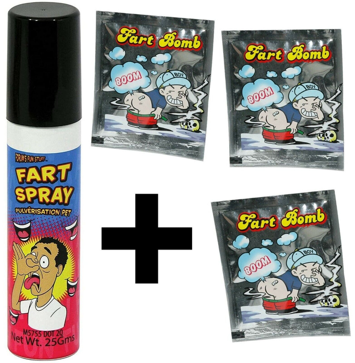 1 Fart Spray Can + 3 Fart Bombs - Combo Gag Prank Set