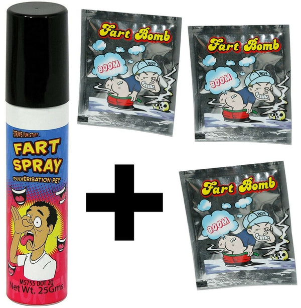 The 💨 Fart Spray + 3 Fart Bombs Combo Pack is the ultimate gag gift set, featuring cartoon illustrations that capture the cheeky theme perfectly.