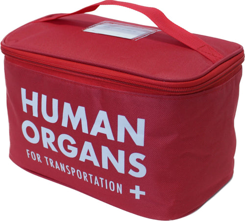 The Human Organs Lunch Bag is an insulated school cooler with a convenient handle, featuring the label "Human Organs for Transportation," making it perfect for novelty gifts and gag jokes.