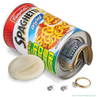 A Spaghettios ® OFFICIALLY LICENSED Decoy Safe Can Bank with money and jewelry hidden inside, alongside the removed false bottom exhibiting a pair of earrings and a ring. Perfect for concealing valuables in plain sight.