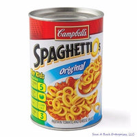 A can of Spaghettios® OFFICIALLY LICENSED - Decoy Safe Can Bank, designed to resemble Campbell’s SpaghettiOs Original with a label that promotes it as pasta in tomato and cheese sauce, perfect for picky kids. It’s not only low fat and ready in 5 minutes but also an ingenious solution for hiding valuables like cash or jewelry discreetly in your pantry.