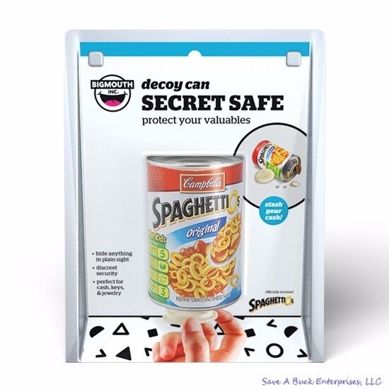 The Spaghettios® OFFICIALLY LICENSED - Decoy Safe Can Bank, meticulously designed to look like an original Campbell's SpaghettiOs can, is perfect for securely hiding valuables such as cash, money, and jewelry.