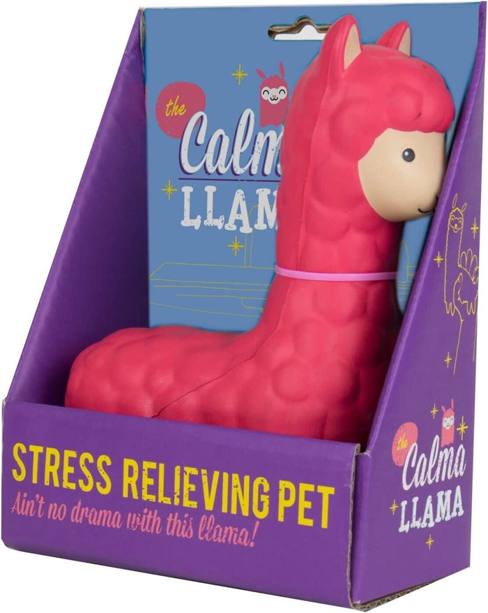 Image of a boxed item labeled "CALMA LLAMA Squishy Fidget Durable Squish" in vibrant purple and yellow packaging. The box states "Stress Relieving Pet Toy Gift" and "Ain't no drama with this llama!" A red llama stress toy is partially visible inside—an ideal anti-anxiety gift for anyone in need of some calming vibes.