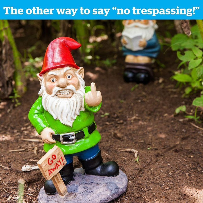 The 🖕 "Go Away" Garden Gnome by BigMouth Inc. features a rude gnome in a green outfit, red hat, and boots, flipping the bird while holding a "Go Away!" sign and standing on a rock with another gnome chuckling nearby. This weatherproof resin figure is perfect funny yard decor.