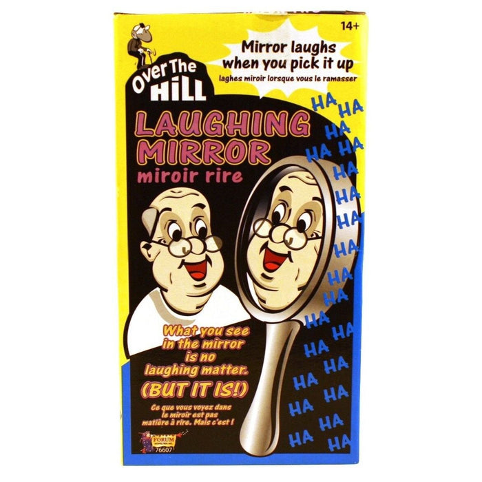 Packaging of the "LAUGHING MIRROR - Sound Activated Prank Joke Toy Gag Funny Magic Clown Trick" features a cartoon character holding a mirror. The text reads, "What you see in the mirror is no laughing matter (BUT IT IS!)." This is a perfect Over the Hill gag gift, suitable for ages 14+.